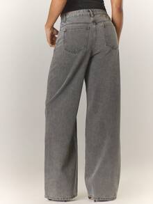 MUSERA 阔腿双缝线前片深色水洗牛仔裤（仅裤子）冬季夜间外出街头风可爱返校性感未剪裁时尚 - 灰色 - 查看 2