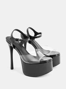 CUCCOO LuxiPop 女鞋透明玻璃胶细跟高跟防水厚底鞋女式蓝色凉鞋夜店风性感时尚装 - 純黑 - 查看 3