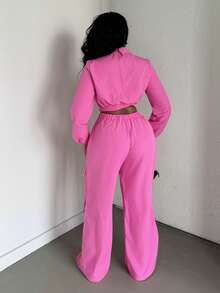 Alexandranx 2pcs Fashionable Sexy Bright Color Long Sleeve Crinkle Jumpsuit For Women Fall Cloth For Women - Pink - View 2