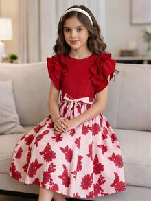 女童荷叶边短袖罗纹网纱圆领夏季公主风休闲连衣裙，配腰带 - 紅色 - 查看 3