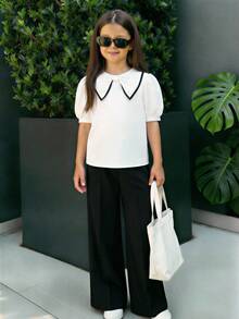 Reset Phase Teen Girl Peter Pan Collar Puff Sleeve Shirt And Wide Leg Pants Casual Outfit - Black and White - View 4