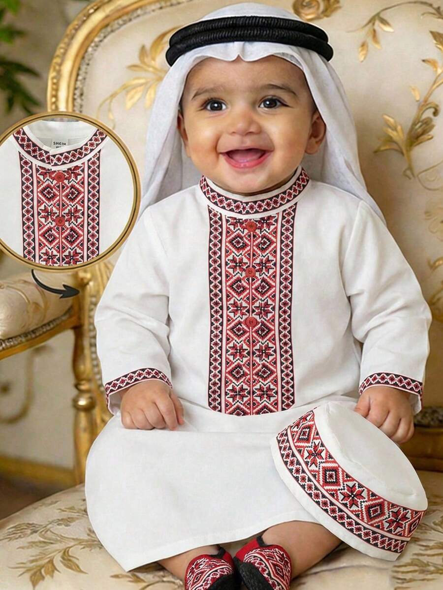 SHEIN Baby Boys' Middle Eastern Print Robe Top,White With Black Polka Dots,Summer,Modest,Wedding Guest Short Sleeve Stand Collar Contrast Color Split Hem - White - View 1