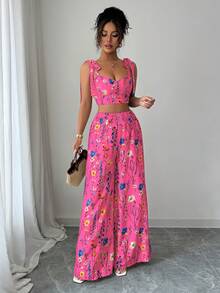 Elenzga Standard Size Women's Spaghetti Strap Backless Design + Waist Drawstring Wide Leg Pants 2 Pieces Set - Hot Pink - View 5