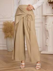 Modelyn 女士休闲通勤侧系腰宽松垂坠修身裤 - 卡其色 - 查看 3