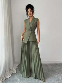 Rafferiza Bộ 2 áo không tay ve hở phía trước màu xanh quân đội có viền không đều + quần xếp ly cạp chun, thích hợp cho mùa xuân, mùa hè, mùa thu, mùa đông, Halloween, Giáng sinh, năm mới, lễ Tạ ơn, trang phục thanh lịch dành cho nữ, bộ đồ thường ngày dành cho nữ khi đi làm, đi công tác, đi chơi, văn phòng tại nhà - xanh quân đội - Xem 6