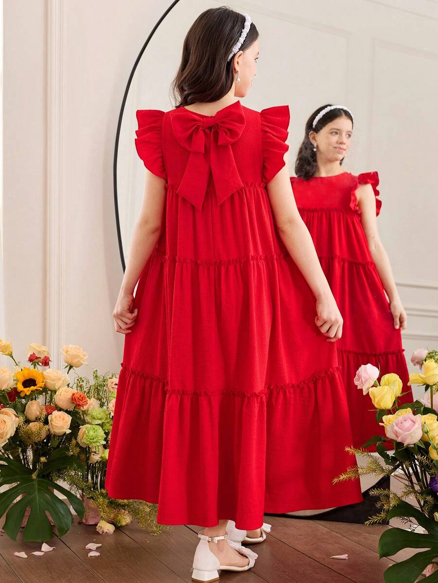 SHEIN Vestido ajustado con cuello redondo y dobladillo con volantes de unicolor para niña preadolescente - Rojo - Ver 1