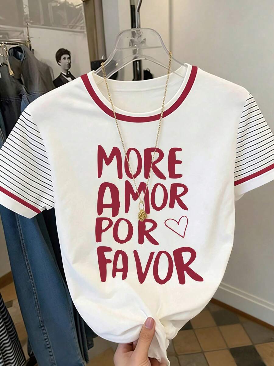 Resyla 女士休闲字母印花条纹T恤，夏季女装 - 粉色 - 查看 1