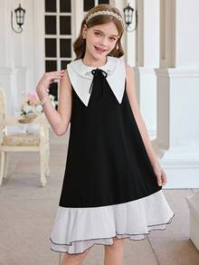 SHEIN Vestido sin mangas con cuello elegante y de moda para niña preadolescente - Blanco y Negro - Ver 3