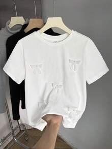 少女白色纯色圆领蝴蝶结装饰短袖休闲宽松时尚T恤 - 白色 - 查看 6