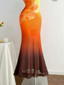 Soleia Women's Romantic Sunset Ombre Elegant 3D Flower Halter Tie Dress, Suitable For Vacation