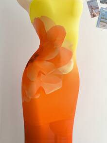 Soleia Women's Romantic Sunset Ombre Elegant 3D Flower Halter Tie Dress, Suitable For Vacation