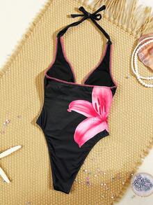 Swim SXY Floral Print Deep V Neck Tie Front Contrast Trim One Piece Swimsuit For Women, Elegant Beach Bikini - Multicolor - View 2