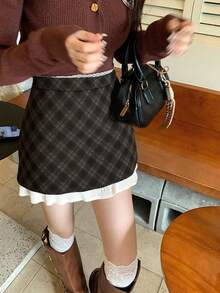 DAZY 少女高腰格子拼接荷叶边下摆时尚迷你裙 - 棕色 - 查看 2