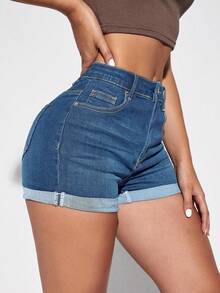 Flexra Quần short denim nữ mùa hè, kiểu dáng rách gấu, có túi. - Màu xanh bụi bặm - Xem 4