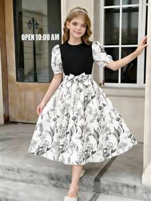 少女碎花针织上衣和半身裙套装，中长款，适合8-12岁女孩，春夏款