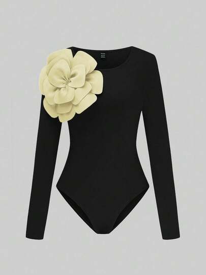 Xyvia Women's Standard Size Scoop Neck Waist Cinched Floral Decor Elegant Fitted Bodysuit