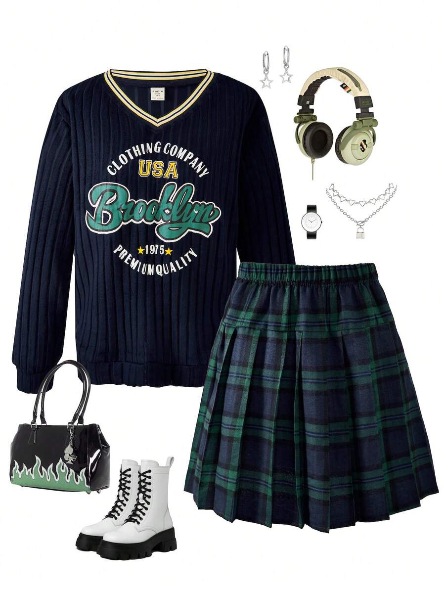 SHEIN Casuvi Kids 少女美式学院风罗纹领长袖印花上衣和百褶迷你裙两件套，适合美国节日活动