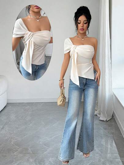 SHEIN Elenzya Elegante blusa apricot con hombros descubiertos y diseño sexy para mujer, camisa de vacaciones para salidas diarias, citas, fiestas de San Valentín, una versátil y ligera parte superior con cuello asimétrico y diseño de lazo