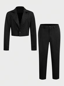 HIMLAND 男士条纹印花翻领商务西装套装，包括外套和裤子，尽显复古绅士风范，适合婚礼、婚礼等场合，也可作为度假、海滩度假礼物送给丈夫或男友，简约时尚，通勤必备。男士套装，包括细条纹西装和两件套，以及细条纹裤子。 - 黑與白 - 查看 4