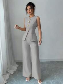 Selianne 女士优雅花卉纽扣装饰休闲/通勤套装 - 淺灰色 - 查看 5