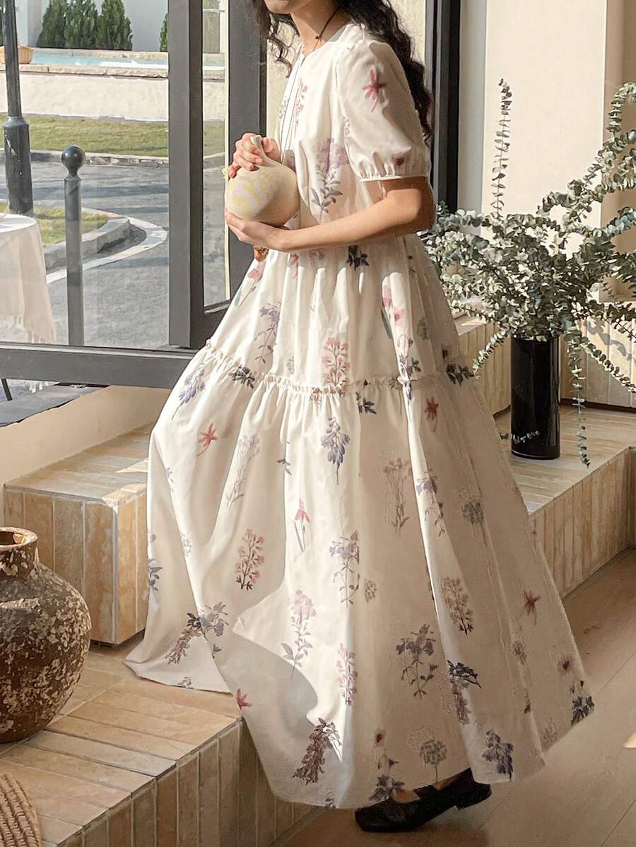 FRIFUL 女士印花圆领短袖收腰喇叭下摆宽松休闲连衣裙婚礼宾客礼服吊带裙 - 彩色 - 查看 1