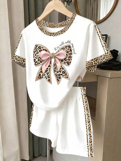 Spring And Summer Girls Casual Fashion Creative Personalized Refreshing Chic Minimalist Leopard Print Striped Bow Contrast Color Graphic Letter Slogan Print Casual Basic Short T-Shirt And Shorts Set, Comfortable Daily Wear, Cozy Summer Styles Suitable For Spring And Summer Girls Tween Girl Leopard Set Teen Girls Sets Short Sleeve Tween Girl Bow Shirt Girls Cheetah Set Girls Casual Printed Crew Neck Short Sleeve