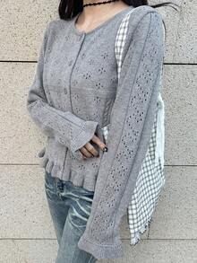 FRIFUL 女士纯色镂空荷叶边修身休闲开衫 - 灰色 - 查看 4