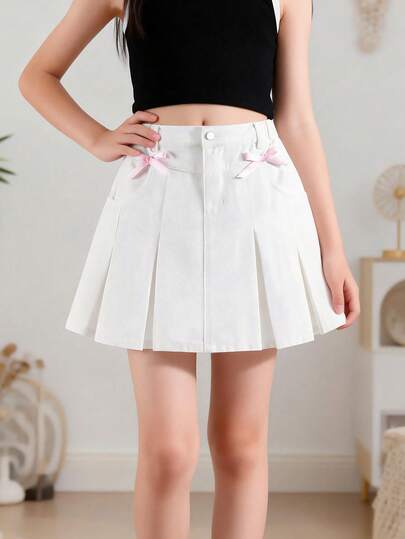 Tween Girls Cute Style Girls Short Skirt, Spring/Summer, White With Pink Bow Design, Short A-Line Pleated Denim Mini Skirt, Soft And Comfortable Fabric, Suitable For School, Commute, And Daily Outings