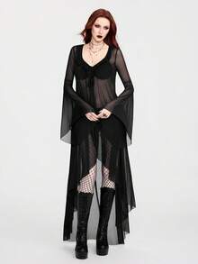 Breakform 女士哥特式性感网纱V领系带不对称下摆宽松开衫 - 黑色 - 查看 1