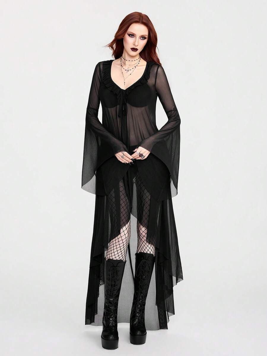 Breakform 女士哥特式性感网纱V领系带不对称下摆宽松开衫 - 黑色 - 查看 1