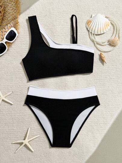 适合青少年女孩海滩度假的撞色比基尼套装