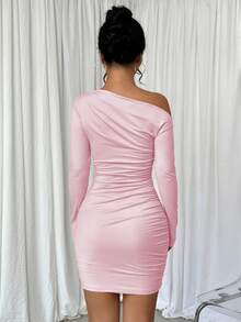Glyssa Women's Solid Color Asymmetric Ruched Long Sleeve Dress - Pink - View 2