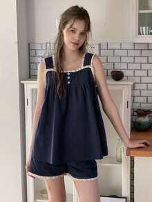 DAZY 少女极简无袖春季家居服 - 藏蓝色 - 查看 7