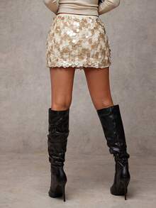 SHEIN BAE Women's Solid Color Sequin Bodycon Mini Skirt, Suitable For Party - Apricot - View 2