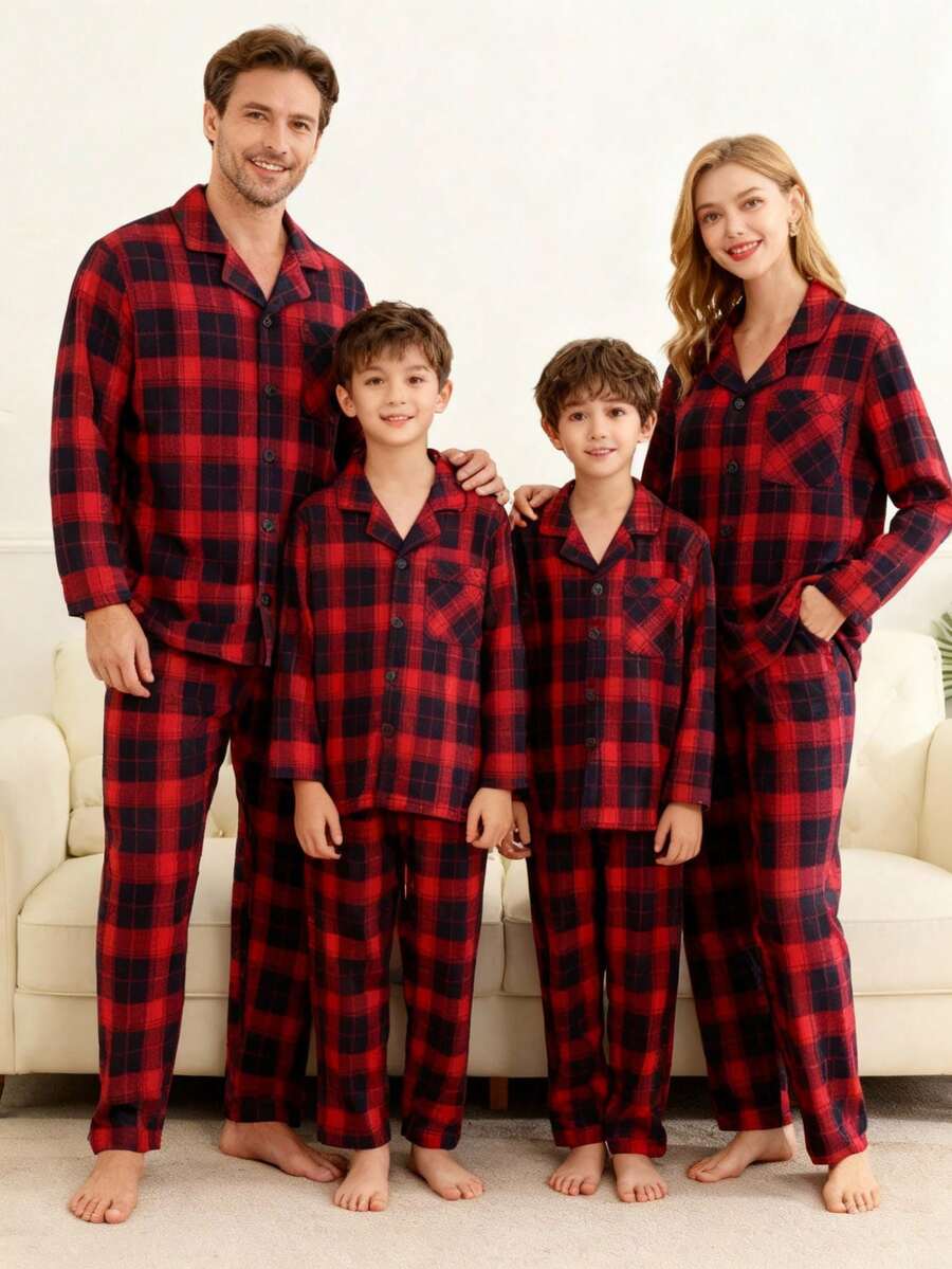 2 件男童休闲经典格子衬衫和裤子套装，长袖家居服 - 紅色 - 查看 1