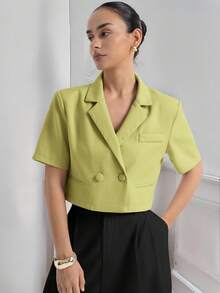 Aveloria Modichic Nueva chaqueta de mujer con diseño de espalda cruzada, cuello de solapa, cintura corta y mangas cortas, de tela texturizada, con estilo minimalista, elegante, sofisticado y vintage, de lujo - Verde - Ver 2