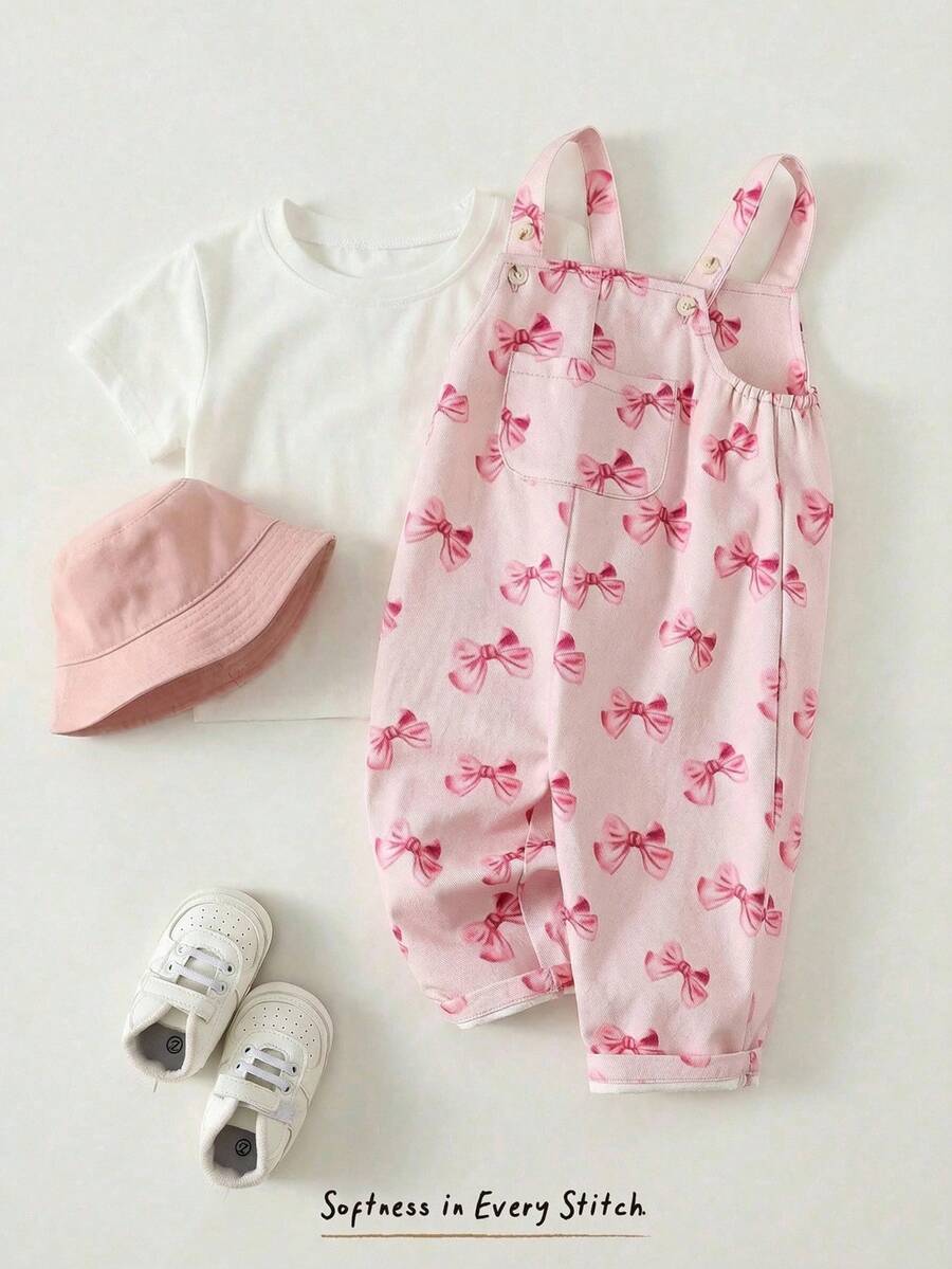 Cozy Pixies Baby Girl Bow Heart Graphic Front Pocket Adjustable Strap Jumpsuit - Multicolor - View 1