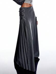 LYSMO 女式纯色系带褶皱复古阔腿裤 - 深灰色 - 查看 3