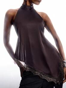 LYSMO Áo ba lỗ thời trang màu trơn cổ trụ không tay viền bèo nhún cho nữ - Cà phê nâu - Xem 6