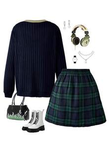 SHEIN Casuvi Kids 少女美式学院风罗纹领长袖印花上衣和百褶迷你裙两件套，适合美国节日活动