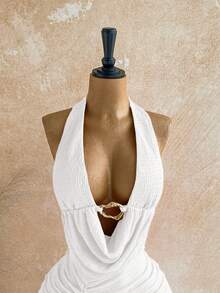 Soleia Women's Solid Color Plunging Neck Metal Decor Sexy Halter Mini Dress, Vacation - White - View 3