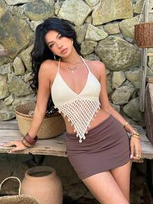 Aloruh 女士珍珠装饰比基尼上衣和下装套装，纯色钩针编织泳衣，适合海滩度假 - 杏色 - 查看 7