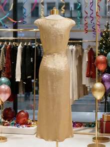 Franclia This Elegant Gold Halter-Neck Sleeveless Dress Is Perfect For Women's Summer, Spring, Valentine's Day, Carnivals, Beach, Parties, Birthdays, Vacations, Casual Wear, And Graduation Season. It's Also A Women's Halter-Neck Party Dress, A Stylish Party Gown, An Elegant Dress, A Valentine's Day Dress, A Date Dress, A Fitted Party Dress, A Spring Dress, And A Versatile Women's Dress.Graduation Season Attire, Fashionable Casual Commuter Wear, Business Office Wear, Versatile And Stylish Everyday Casual Wear, Urban Teacher's Professional Attire - Gold - View 2