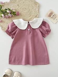 SHEIN Đầm ngắn tay phồng cổ Peter Pan thêu hoa phối ghép dễ thương cho bé gái. - Màu Hồng baby - Xem 2