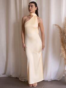 Andrea Bello 女式黄色缎面不对称细肩带露背连衣裙，性感简约设计，适合派对、鸡尾酒会、正式活动、伴娘、生日、春夏季 - 黃色 - 查看 4