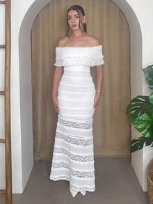 Andrea Bello Knitted Lace Off Shoulder Form-Fitting Fish Tail Dress For Women - White - View 5