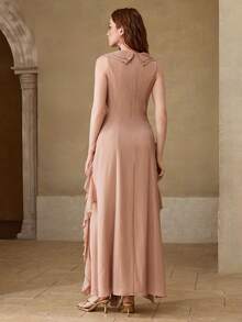 MOTF PREMIUM WOMEN'S ELEGANT LONG RUFFLE TRIM DRESS, SPRING/SUMMER - Khaki - View 4