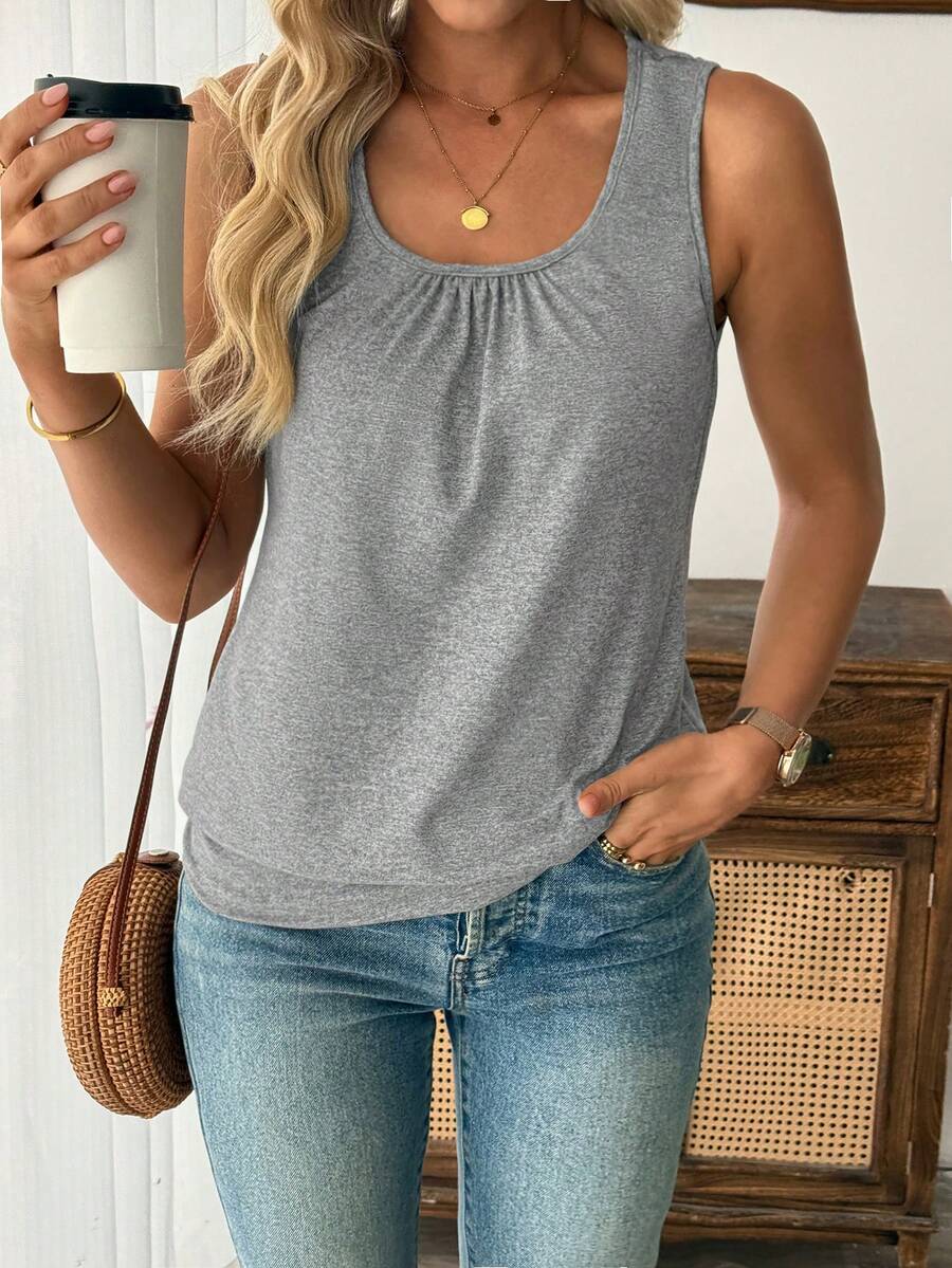 EMERY ROSE Plus Size Women Solid Color Round Neck Pleated Casual Versatile Tank Top - Grey - View 1