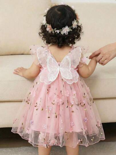 LMoss Kids Vestido casual para niña con cuello cuadrado, volantes y bordado de malla de unicolor tejido