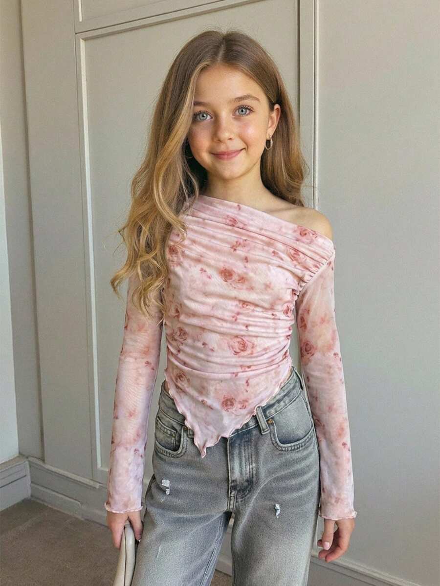 SHEIN Tween Girls Asymmetric Shoulder Design Knit Printed Casual Fashionable Matching Family Tops